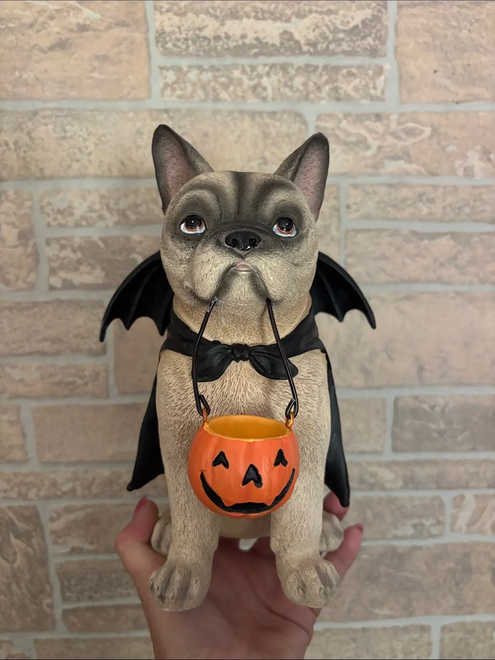 Halloween frenchie Figurine with Pumpkin Candy Bucket